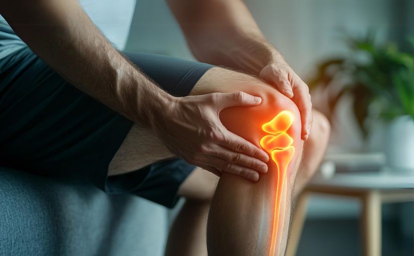 A person holding his knee with a pained expression, suggesting pain.