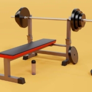 A weight bench with a barbell and weights positioned on either side, ready for strength training exercises.