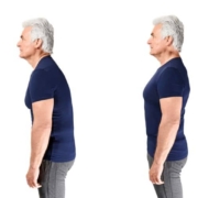 The back view of an older man wearing a blue shirt, standing with a neutral posture.