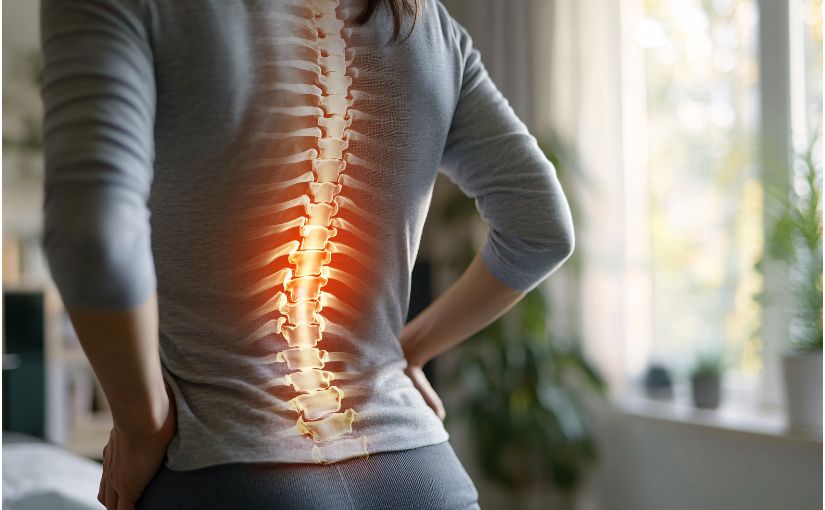 A woman sitting on her bed, holding her lower back, showing signs of discomfort due to back pain in her bedroom.