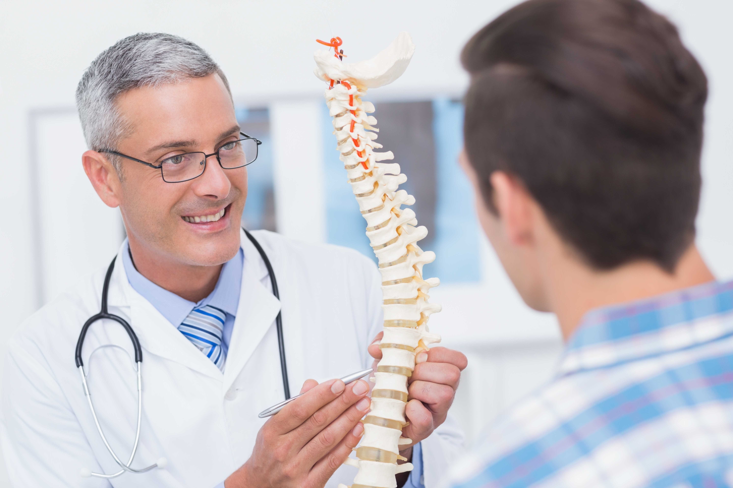 Smiling male doctor holding an anatomical spine model